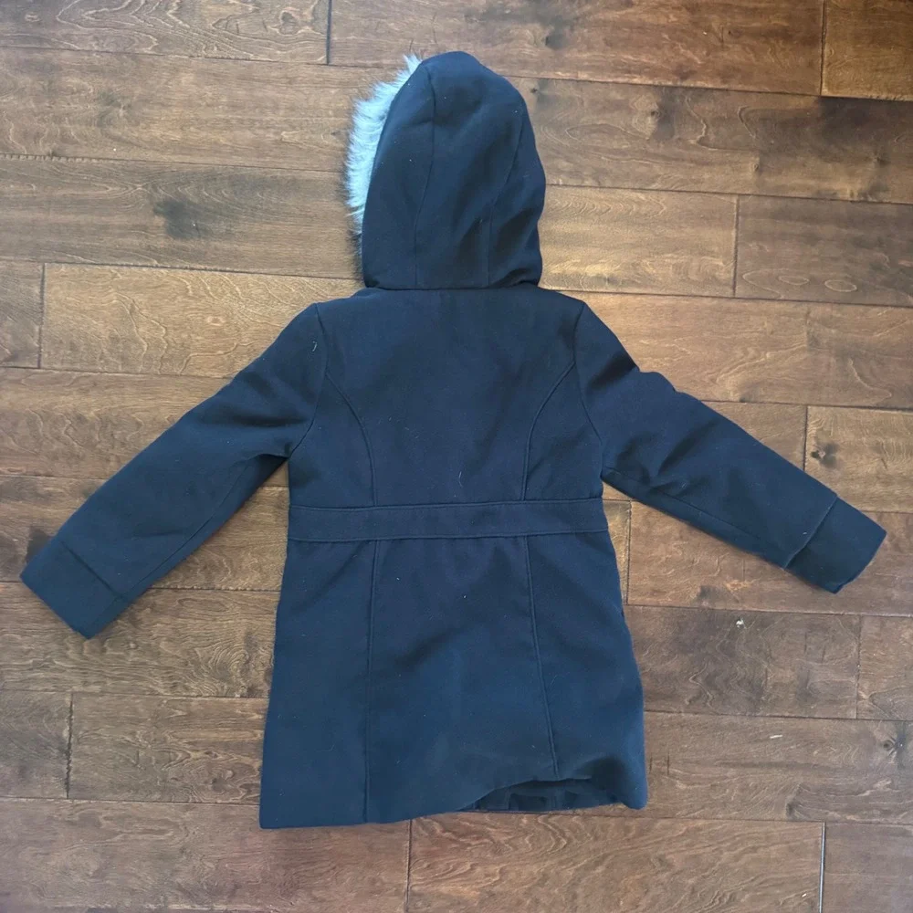 Cat & Jack Girls Black Hooded Winter Coat Faux Fur Trim Size Small 6-6X